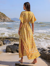 Drawstring Printed Plunge Half Sleeve Dress OutfitFlow
